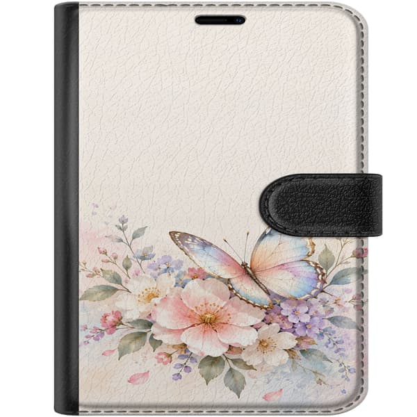 Kompatibel Tegnebogsetui til Apple iPhone Duo Pastelsommerfugl og lyserøde blomster – Stor sommerfugl i lyseblå, lyserøde og gule farver sammen med l beige