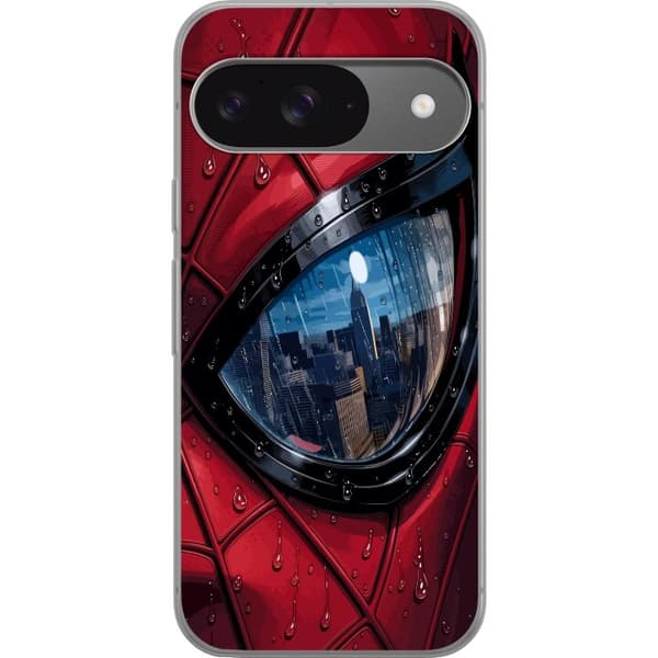 Kompatibelt Mobildeksel til Google Pixel 9 Nærbilde av Spider-Man-maske med regndråper og byrefleksjon i øyet rød