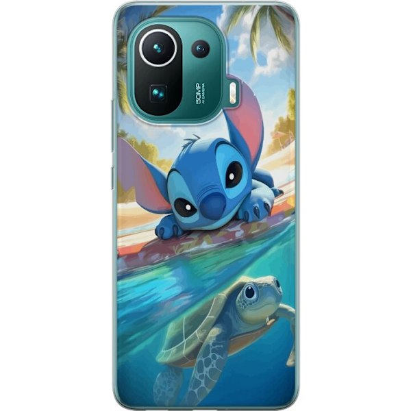 Xiaomi Mi 11 Pro Genomskinligt Skal Stitch med sköldpadda – söt blå alien i tropisk strandmiljö från Disney