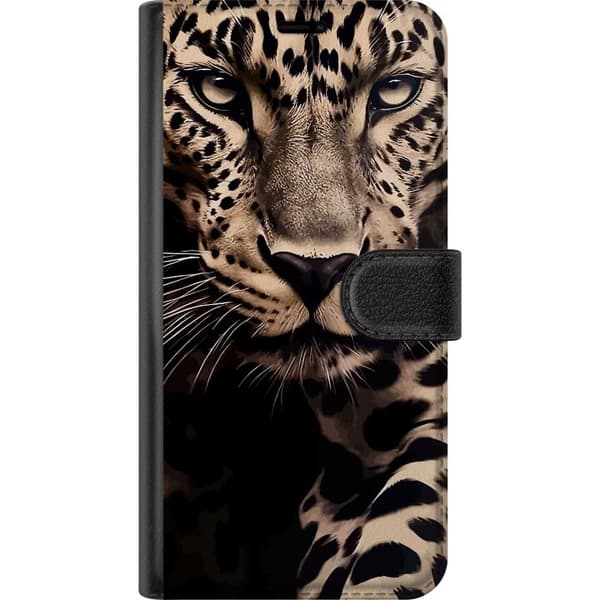 Kompatibel Tegnebogsetui til Samsung Galaxy S25+ Beige og sort motiv med nærbillede af leopard, intense øjne og klassisk dyremønster beige