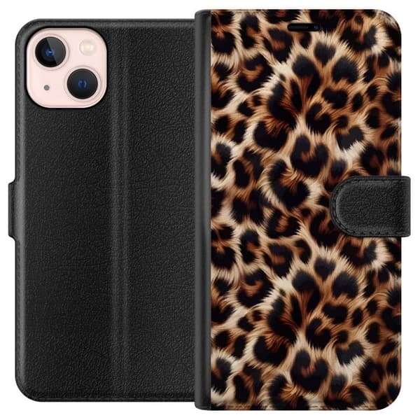 Kompatibel Tegnebogsetui til Apple iPhone 13 mini Nær billede af leopardmønster med bløde pelsdetaljer i brune og sorte nuancer