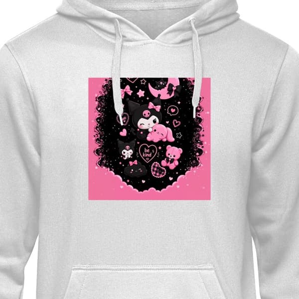 Børne Hoodie Grå 5-6 År Søde pinke og sorte gothfigurer med hjerter, måne, stjerner og positiv tekst grå 5-6 År