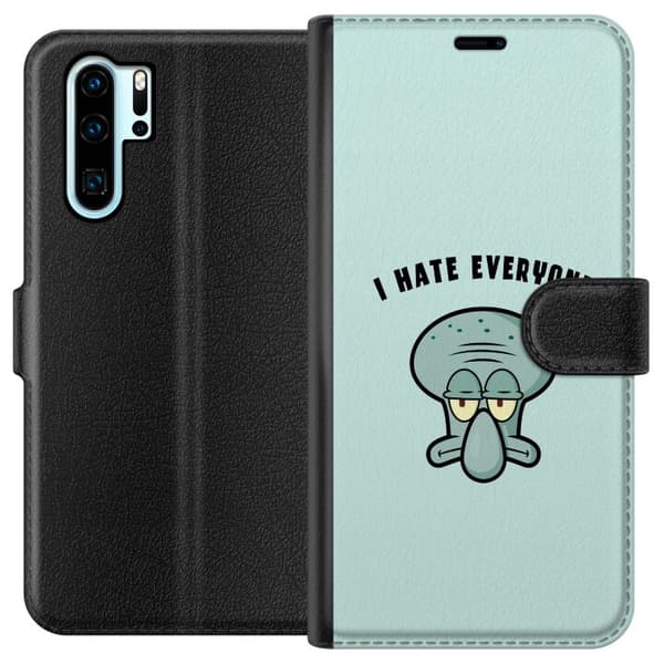 Kompatibel Tegnebogsetui til Huawei P30 Pro Tegnet utilfreds blækspruttefigur med teksten I Hate Everyone på lyse turkis baggrund blå