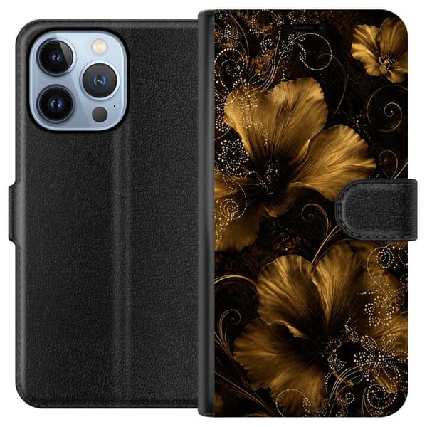 Kompatibel Tegnebogsetui til Apple iPhone 13 Pro Gylden Noir-blomstring sort