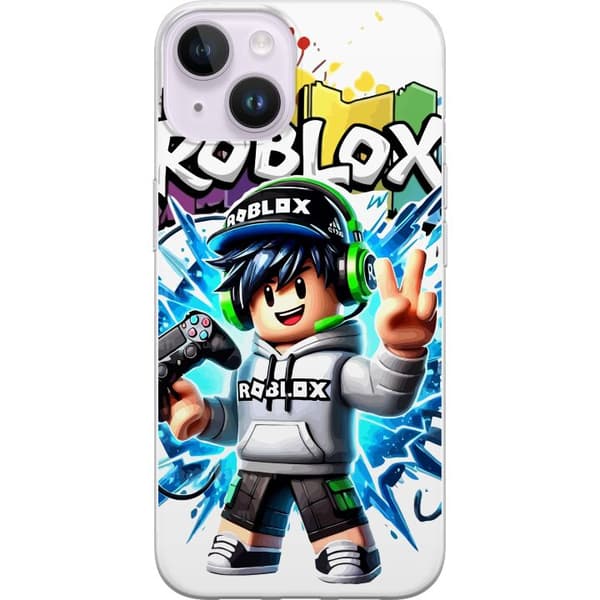 Kompatibelt Mobildeksel til Apple iPhone 15 Plus Roblox-spillfigur med headset og håndkontroll foran fargesprut