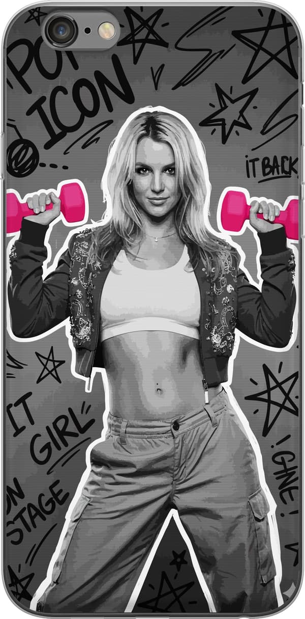 Kompatibel Mobilcover til Apple iPhone 6 Plus Blond popartist i sort-hvid med lyserøde håndvægte og graffiti mod grå baggrund grå