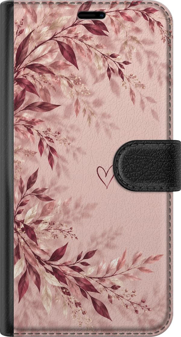 Kompatibel Tegnebogsetui til Apple iPhone 18 Pro Vinrøde blade pink