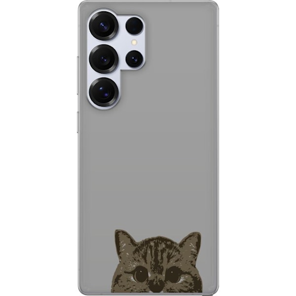 Samsung Galaxy S25 Ultra Genomskinligt Skal Grå Kattblick – stilren kattdesign med grå bakgrund