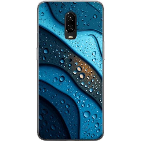 Kompatibelt Mobildeksel til OnePlus 6T Blå abstrakte bølger med glitrende vanndråper i moderne grafisk design blå