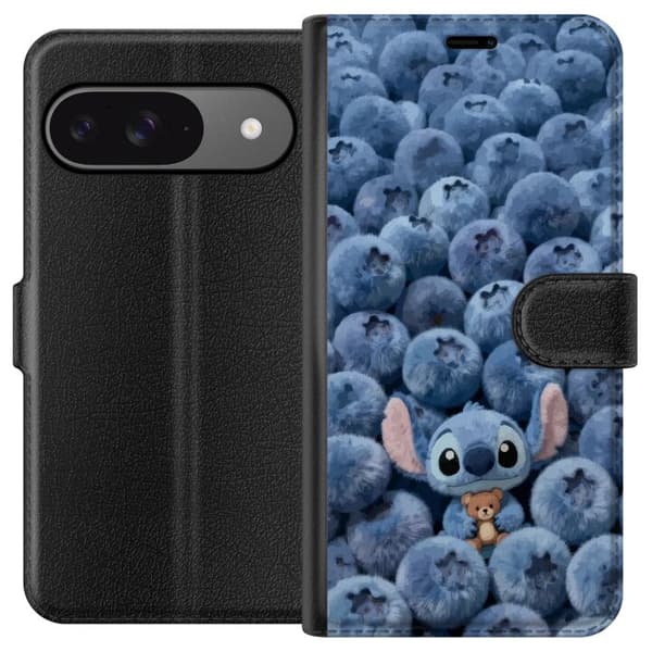 Kompatibelt Lommeboketui til Google Pixel 9 Søt fluffy blå figur med liten bamse blant myke blåbær blå