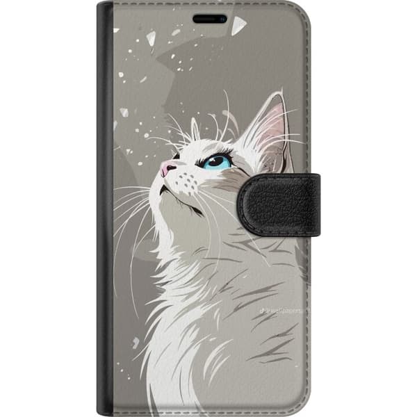 Kompatibel Tegnebogsetui til Apple iPhone 11 Pro Max Stilren illustration af en hvid kat med blå øjne, der kigger opad mod en grå baggrund grå