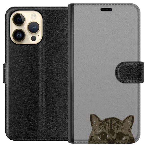 Apple iPhone 15 Pro Max Plånboksfodral Grå Kattblick – stilren kattdesign med grå bakgrund