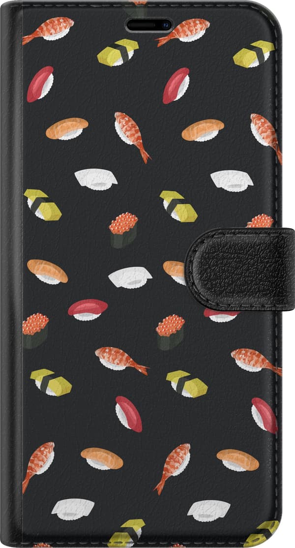 Kompatibel Tegnebogsetui til Apple iPhone 16 Mønster med sushi, nigiri, rejer og rogn mod sort baggrund sort