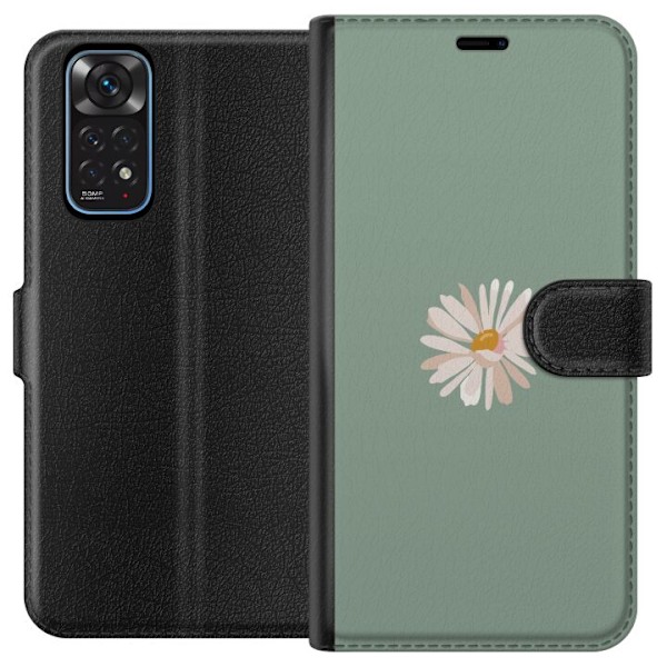 Xiaomi Redmi Note 11 Plånboksfodral Grön Minimalblomma – stilren blomma på grön bakgrund