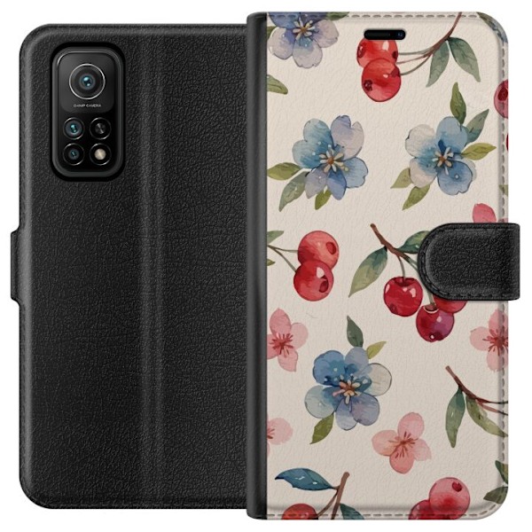 Xiaomi Mi 10T Pro 5G Plånboksfodral Bär & Blommor – mönster med blå blommor och skogsbär