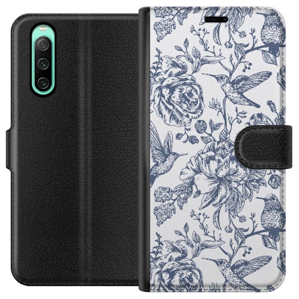 Sony Xperia 10 IV Lompakkokotelo Kukat & Linnut - Romanttinen Vintage-tyylinen Kuviointi