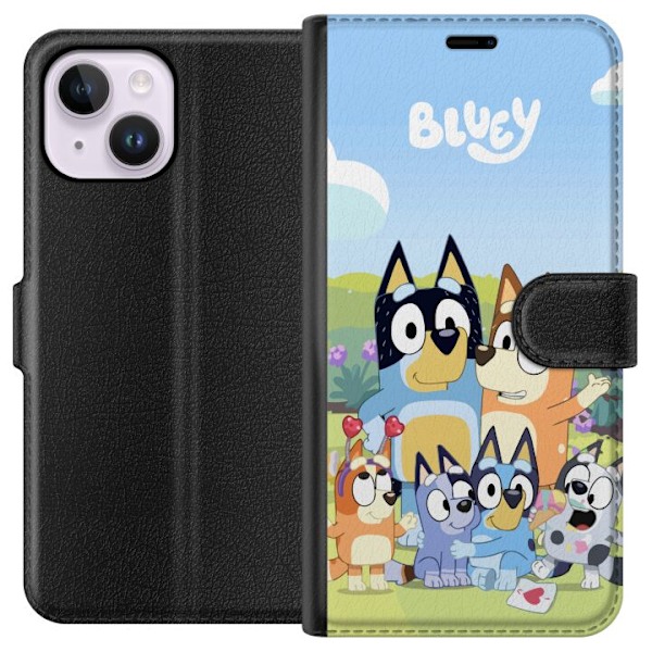 Apple iPhone 15 Plus Plånboksfodral Bluey mobilskal med hela familjen i färgglad design