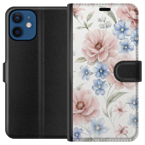 Kompatibel Tegnebogsetui til Apple iPhone 12 mini Romantiske lyserøde og blå blomster i bløde pastelfarver med elegant botanisk motiv til mobilcovers pink