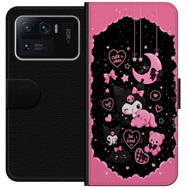 Kompatibel Tegnebogsetui til Xiaomi Mi 11 Ultra Søde lyserøde og sorte gothfigurer med hjerter, måne, stjerner og positiv tekst sort