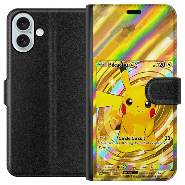 Kompatibelt Lommeboketui til Apple iPhone 16 Plus Gullig Pikachu EX samlebilde med regnbueeffekter gull
