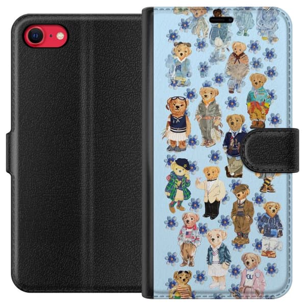 Kompatibel Tegnebogsetui til Apple iPhone 7 Søde bamser i trendy tøj med blå blomster blå