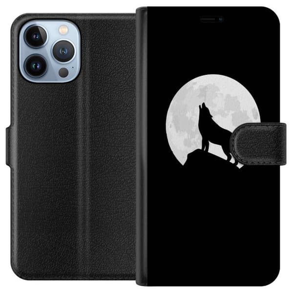 Kompatibel Tegnebogsetui til Apple iPhone 13 Pro Max Sort silhuet af en hylende ulv foran en stor, hvid fuldmåne mod sort baggrund sort
