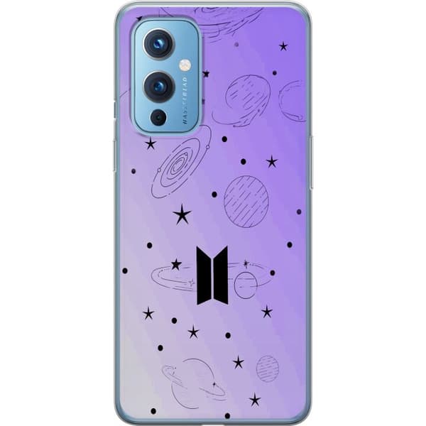 Kompatibelt Mobilskal till OnePlus 9 BTS-logotyp omgiven av planeter, stjärnor och galaxillustrationer lila