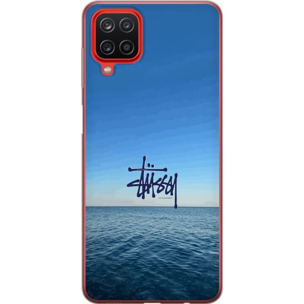 Kompatibelt Mobildeksel til Samsung Galaxy A12 Havspanorama med blå himmel og stilig surf-inspirert logo blå