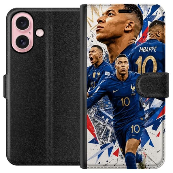 Kompatibel Tegnebogsetui til Apple iPhone 16 Kylian Mbappé i dynamisk fodboldcollage med blå, hvide og røde detaljer blå