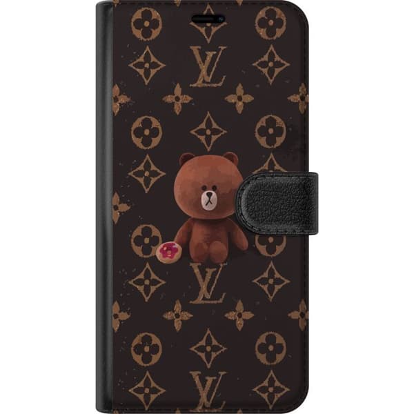 Kompatibel Tegnebogsetui til Google Pixel 7a Brun bamse med geometriske symboler - bamsemotiv på sort baggrund sort