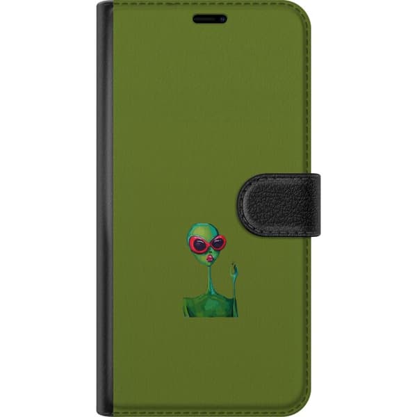 Kompatibel Tegnebogsetui til Google Pixel 9 Pro Grøn alien med store røde solbriller og lyserøde læber mod ensfarvet olivengrøn baggrund grøn