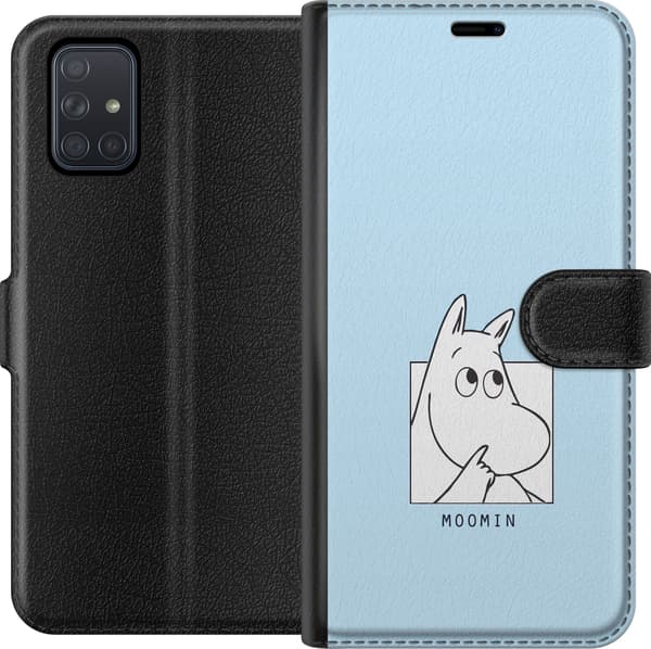 Kompatibel Tegnebogsetui til Samsung Galaxy A71 Mumitrolden i sort-hvid illustration mod lyseblå baggrund blå