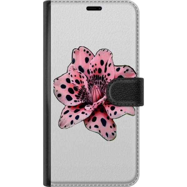 Kompatibel Tegnebogsetui til Google Pixel 10 Pro Lyserød blomst med dekorative sorte pletter og mørke detaljer på lys baggrund pink