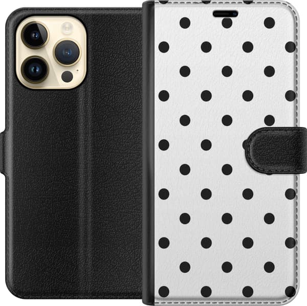 Kompatibel Tegnebogsetui til Apple iPhone 14 Pro Max Sort-hvide prikker hvid