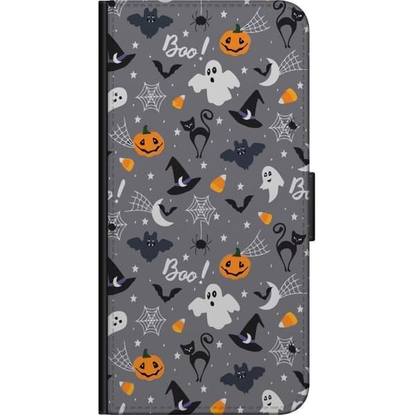 Kompatibel Tegnebogsetui til Xiaomi Redmi Note 9 Pro Halloweenmønster med spøgelser, sorte katte, græskar, flagermus og edderkoppespind grå