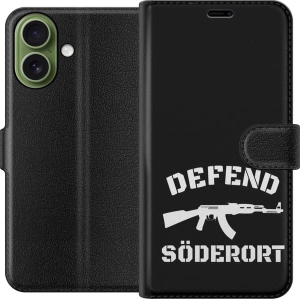 Kompatibel Tegnebogsetui til Apple iPhone 18 Sort Söderort - hvidt områdeslogan og hvid våbensilhuet på sort baggrund sort