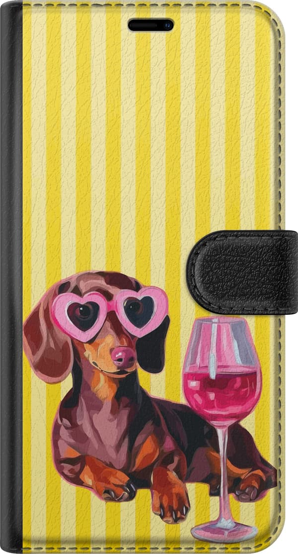 Kompatibel Tegnebogsetui til Apple iPhone 8 Plus Charmerende gravhund med lyserøde hjerteformede solbriller og lyserøde glas foran gulstribet baggrun gul