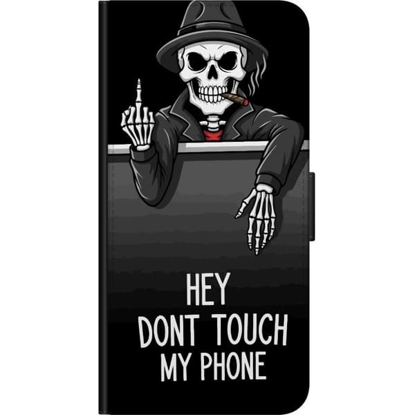 Kompatibel Tegnebogsetui til Xiaomi Redmi Note 8 Pro  Mørkt motiv med dødningehoved i hat, cigar, håndgestus og teksten Hey Don't Touch My Phone sort