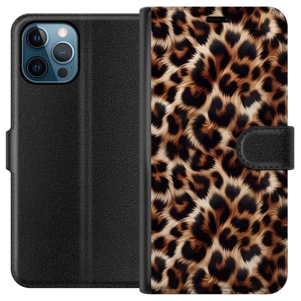 Kompatibel Tegnebogsetui til Apple iPhone 12 Pro Max Nær billede af leopardmønster med bløde pelsdetaljer i brune og sorte nuancer