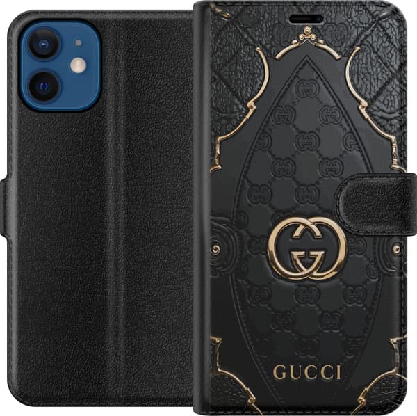 Kompatibel Tegnebogsetui til Apple iPhone 12 mini Sort quiltet monogrammønster med dekorative gulddetaljer og emblem sort