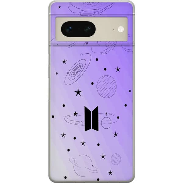 Kompatibelt Mobildeksel til Google Pixel 7 BTS-logo omgitt av planeter, stjerner og galakseillustrasjoner lila
