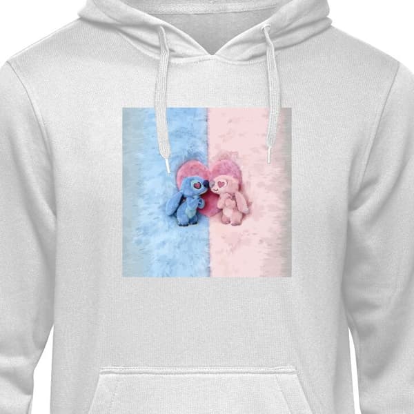 Børne Hoodie Grå 7-8 År Søde blå og lyserøde figurer foran et stort lyserødt hjerte grå 7-8 År