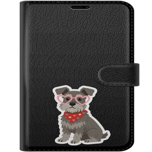 Kompatibel Tegnebogsetui til Apple iPhone Duo Hjertebrillehund - Gråt motiv med schnauzer med lyserøde hjertebriller. grå