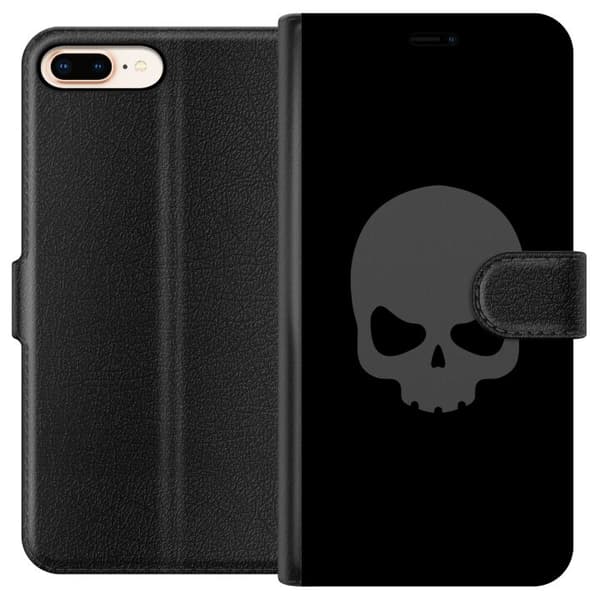 Kompatibel Tegnebogsetui til Apple iPhone 8 Plus Enkel dødningehoved i grå tone mod sort baggrund, elegant og moderne design