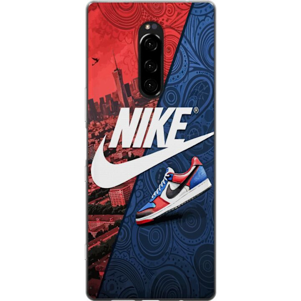 Sony Xperia 1 Genomskinligt Skal Nike Logotyp Röd Blå Sneaker Stil Sport Fashion Populärt Swoosh Motiv Träningskläder Grafisk Ikon