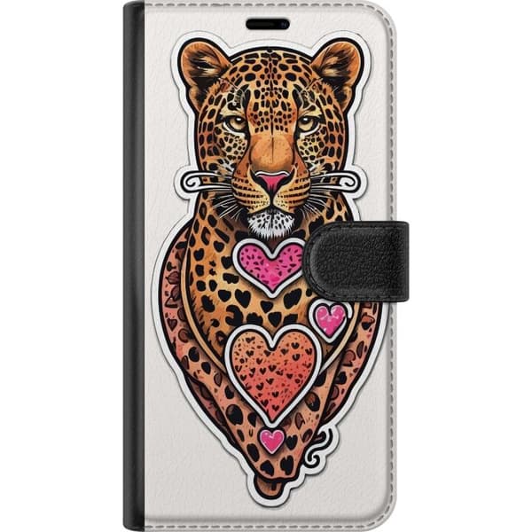 Kompatibel Tegnebogsetui til Apple iPhone XR Illustreret leopard med lyserøde og orange hjerter, sorte pletter og dekorative detaljer orange