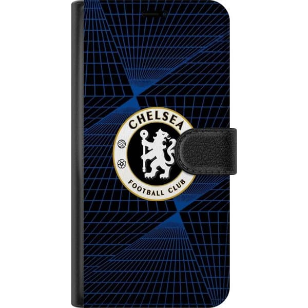 Kompatibel Tegnebogsetui til Apple iPhone 14 Pro Max Fodboldemblem med løve og blå geometriske linjer mod sort baggrund blå