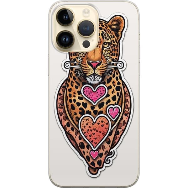 Kompatibel Mobilcover til Apple iPhone 15 Pro Max Illustreret leopard med lyserøde og orange hjerter, sorte pletter og dekorative detaljer orange