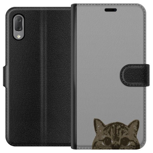 Sony Xperia L3 Plånboksfodral Grå Kattblick – stilren kattdesign med grå bakgrund