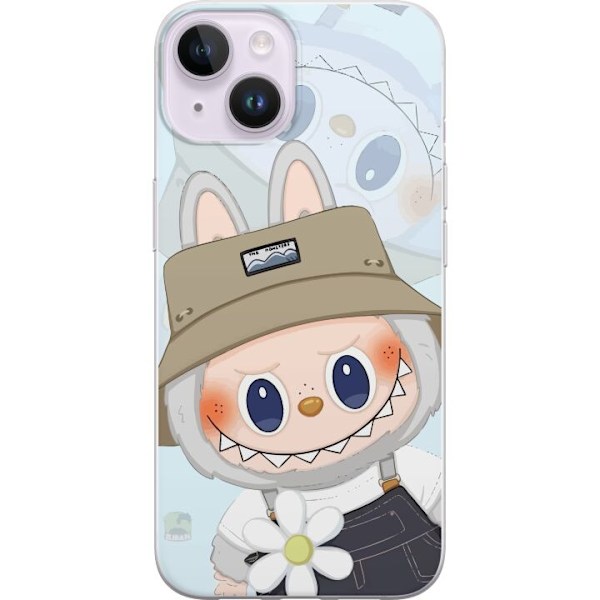 Apple iPhone 15 Plus Genomskinligt Skal Labubu med hatt – Pop Mart-figur Mr. Butcher i retro stil med karaktär